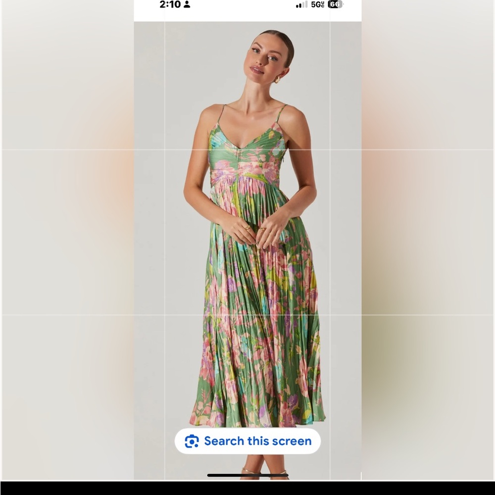 Astr Green Floral Pleated Midi Dress with Pink Accents